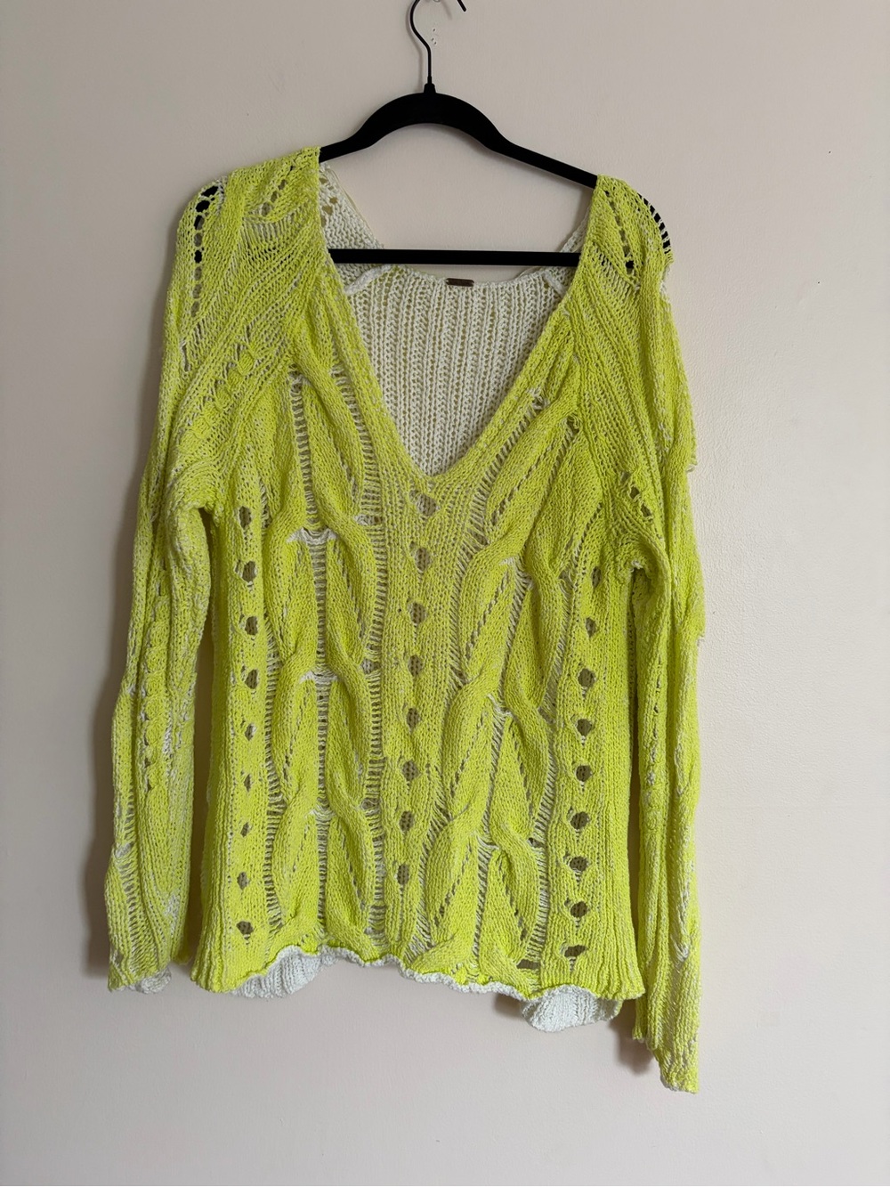 Free People Bright Lime Open-Knit V-Neck Sweater